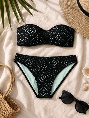 Black Lace Strapless Bikini – Blue Lining, Two-Piece (S/M)